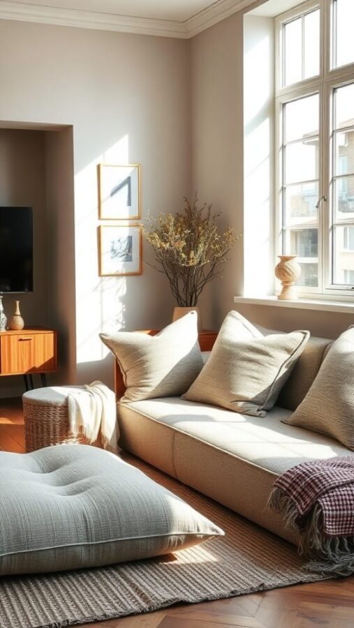 11 Chic Small Living Room Ideas in Neutral Tones 4 A cozy small living room featuring a light-colored sofa with textured cushions, a wooden side table, a woven basket, and a soft rug.