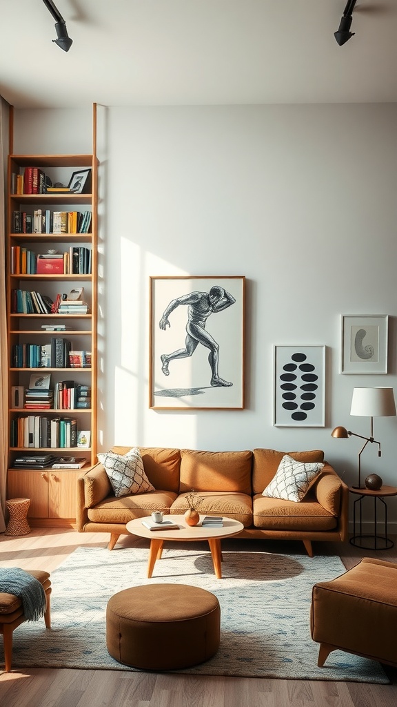 17 Stylish Small Apartment Living Room Ideas for 2025 10 Cozy small apartment living room with tall bookshelf, artwork, and modern furniture