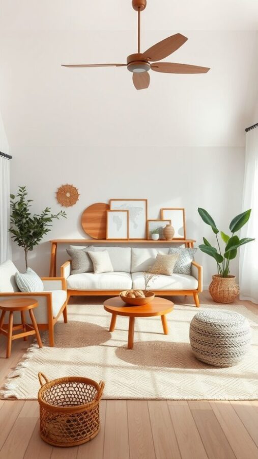 11 Chic Small Living Room Ideas in Neutral Tones 3 A small living room decorated with earthy tones, featuring wooden furniture, plants, and neutral textiles.