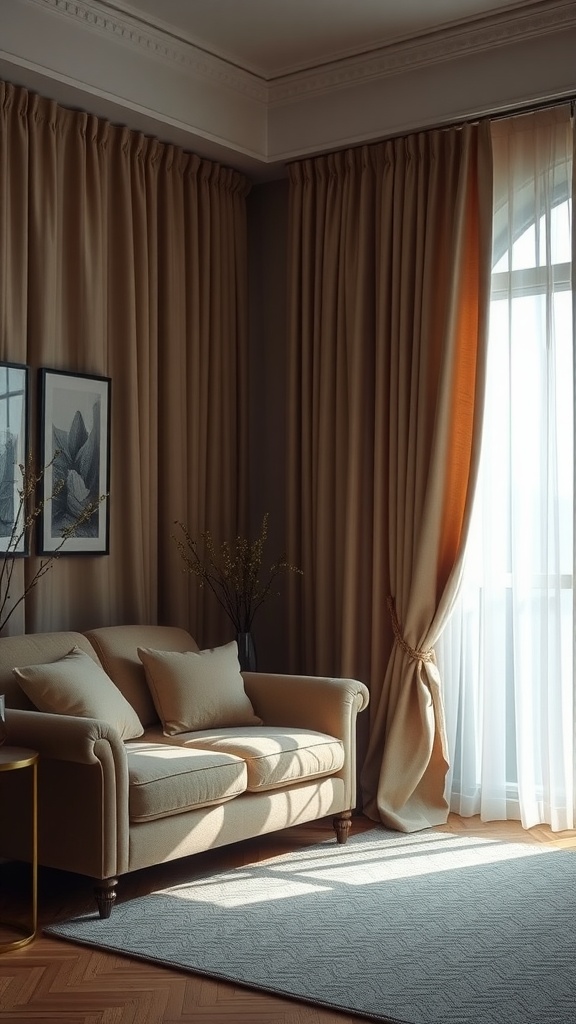 17 Stylish Small Apartment Living Room Ideas for 2025 12 A cozy living room featuring soft, elegant curtains in warm tones, complementing a plush sofa and allowing natural light to filter in.
