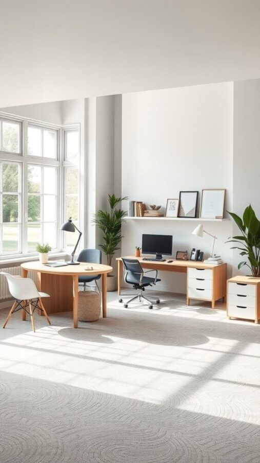 29 Unique Home Office Ideas for 2025 10 A bright home office featuring two work zones with different desk setups, plants, and large windows.