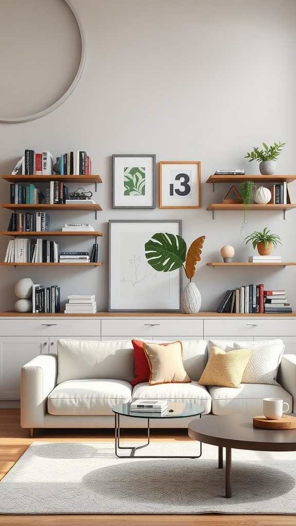 17 Stylish Small Apartment Living Room Ideas for 2025 1 Cozy living room with floating shelves displaying books and plants
