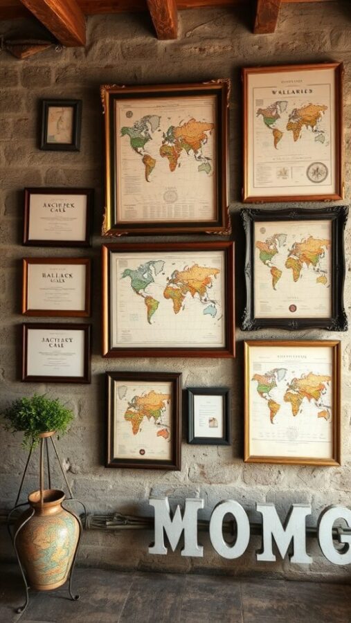 29 Elegant Wall Decor Ideas to Transform Your Space 19 A wall decor design featuring various framed vintage maps in different frames and styles.