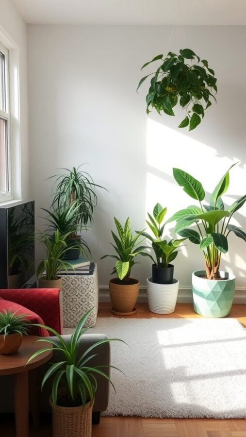 11 Chic Small Living Room Ideas in Neutral Tones 9 A bright small living room featuring various plants in stylish pots, enhancing the neutral tones of the space.