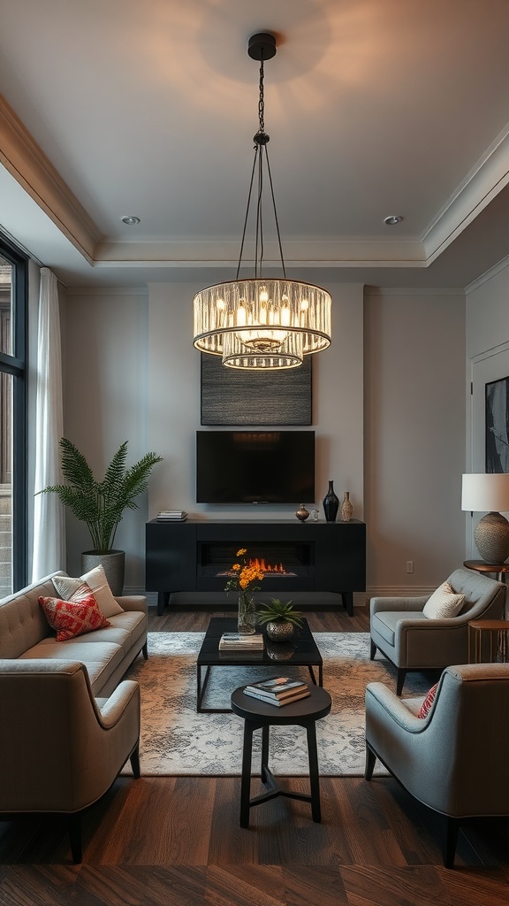 17 Stylish Small Apartment Living Room Ideas for 2025 13 Elegant small apartment living room featuring a stylish chandelier and cozy furniture arrangements.