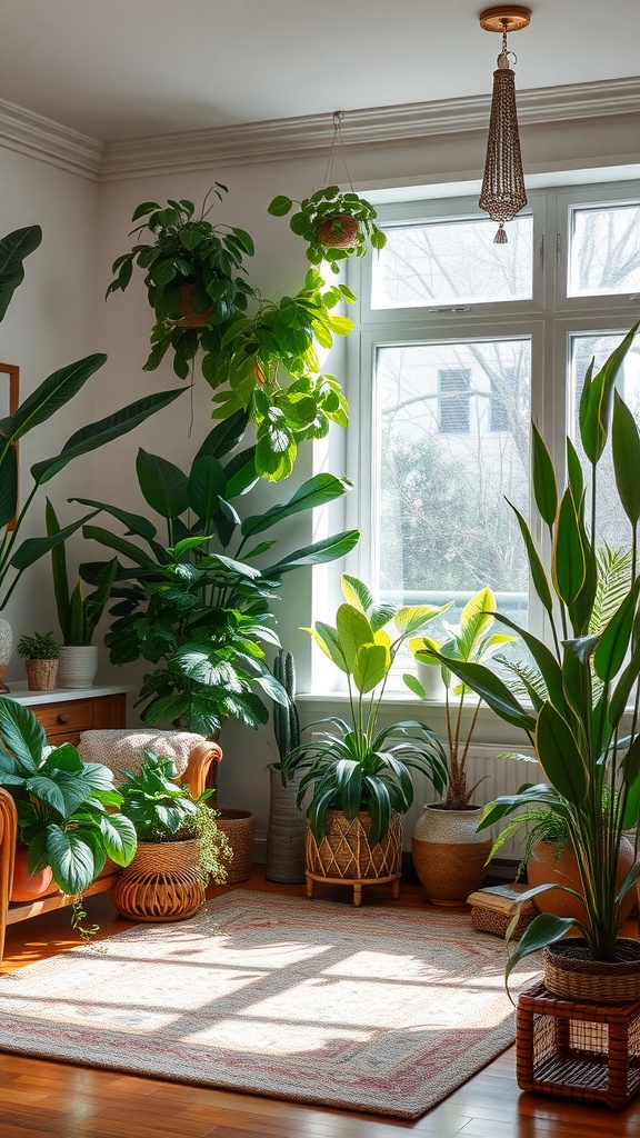 17 Stylish Small Apartment Living Room Ideas for 2025 4 A cozy living room filled with various indoor plants, featuring a comfortable seating area and natural light from the window.