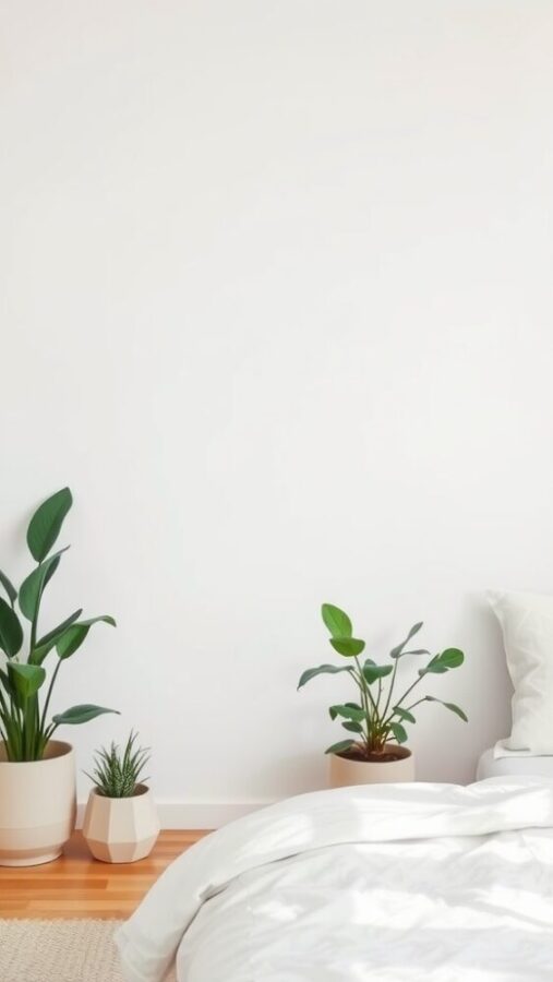 19 Stunning Minimalist Nude Color Bedroom Ideas 17 A minimalist bedroom featuring indoor plants in neutral pots.