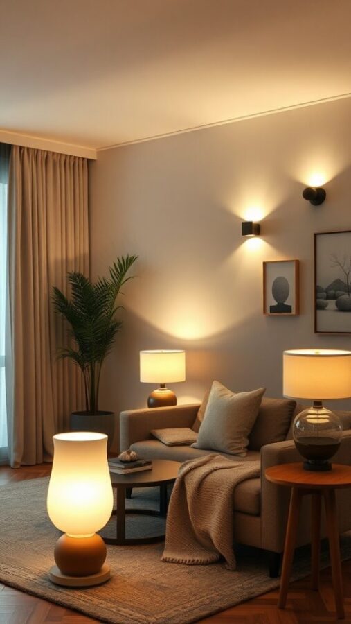 11 Chic Small Living Room Ideas in Neutral Tones 6 Cozy small living room with layered lighting solutions, showcasing various light sources and a warm atmosphere.
