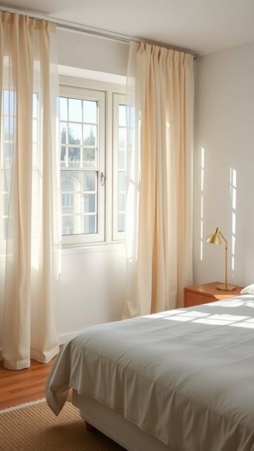 19 Stunning Minimalist Nude Color Bedroom Ideas 10 A bright minimalist bedroom with light beige linen curtains, a bed with white linens, and a small wooden nightstand.