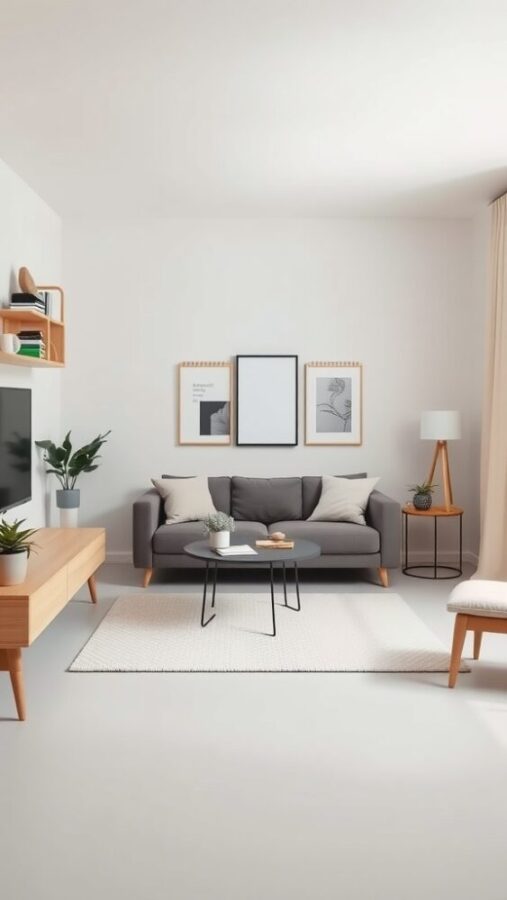 11 Chic Small Living Room Ideas in Neutral Tones 2 A minimalist small living room featuring a grey sofa, round coffee table, and neutral decor
