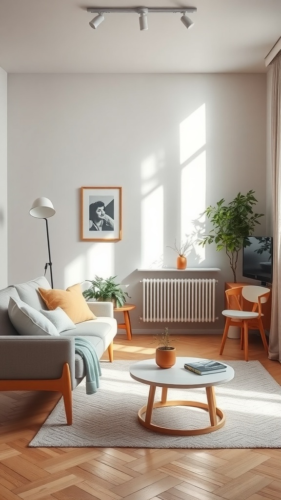 17 Stylish Small Apartment Living Room Ideas for 2025 3 A cozy minimalistic Scandinavian living room with a gray sofa, wooden accents, and plants.