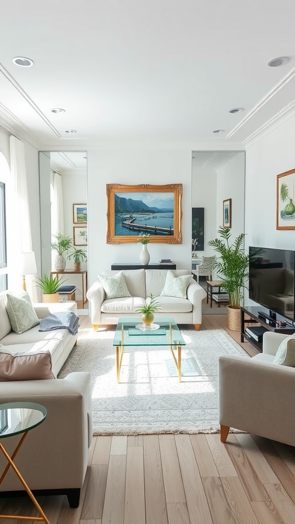 17 Stylish Small Apartment Living Room Ideas for 2025 14 Elegant small living room with mirrored accents and light decor
