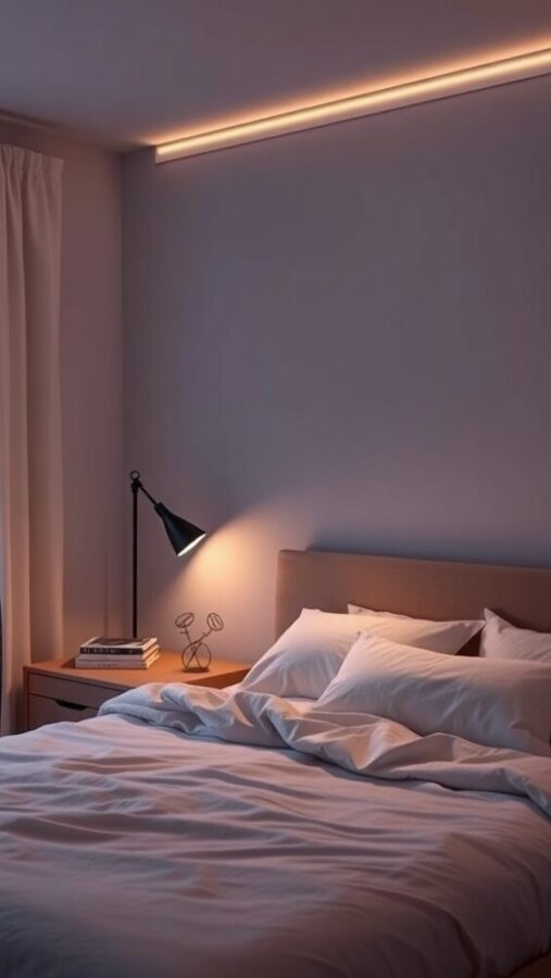 13 Minimalist Bedroom Ideas for Teenagers 13 A minimalist bedroom featuring warm mood lighting, a bedside lamp, and soft bedding.