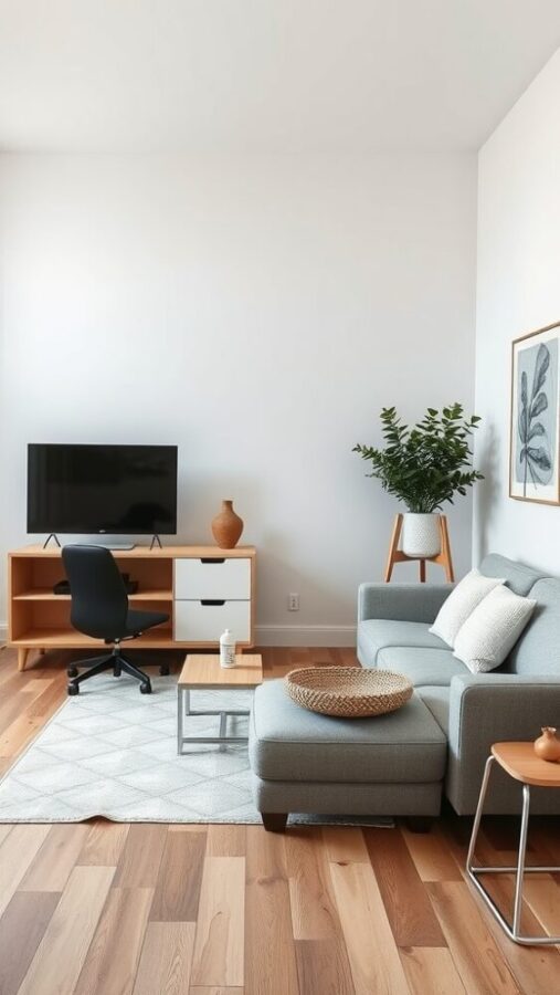 11 Chic Small Living Room Ideas in Neutral Tones 5 A small living room featuring a cozy sofa, coffee tables, and a TV unit in neutral tones.