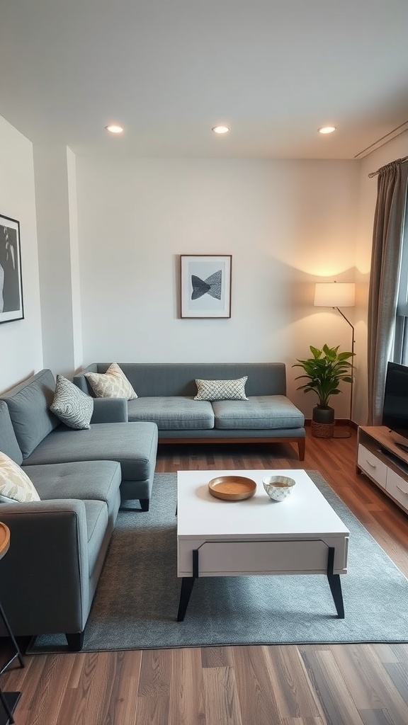 17 Stylish Small Apartment Living Room Ideas for 2025 8 Stylish small apartment living room with gray sectional sofa, coffee table, and decorative elements.