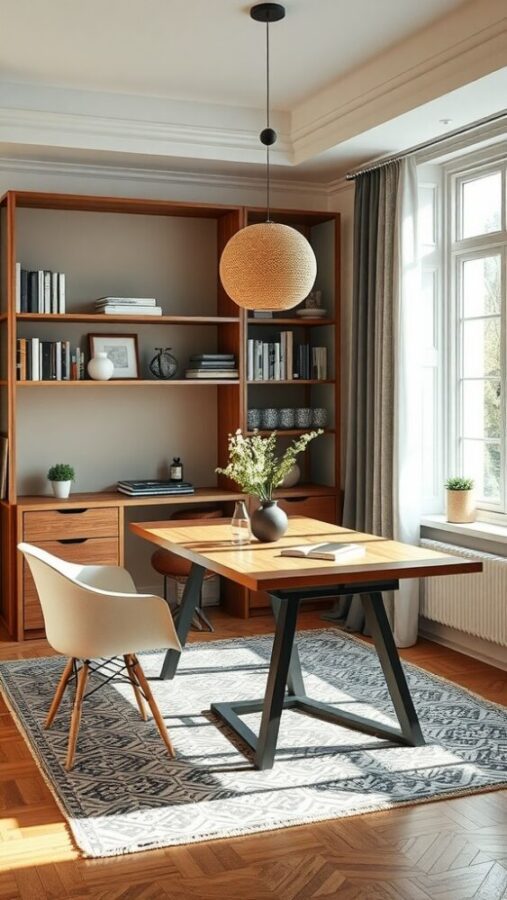 29 Unique Home Office Ideas for 2025 7 A modern home office with a wooden desk, stylish chair, and organized shelving, featuring natural light and decorative elements.