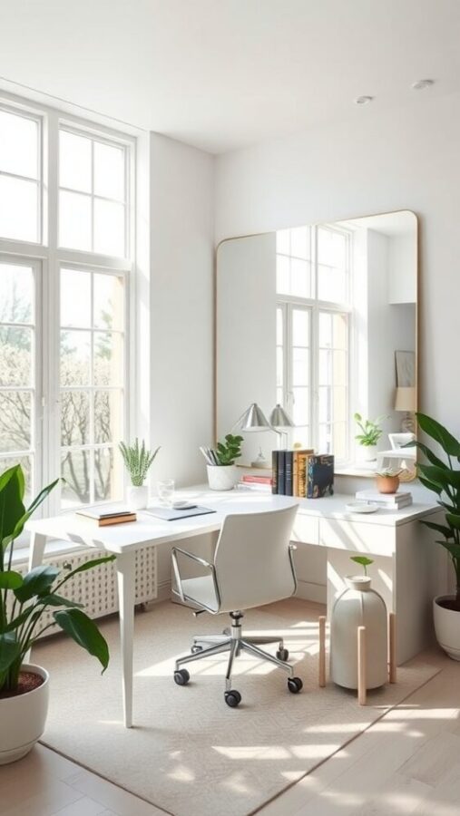 29 Unique Home Office Ideas for 2025 14 A bright and inviting home office with large windows, plants, and a modern desk.