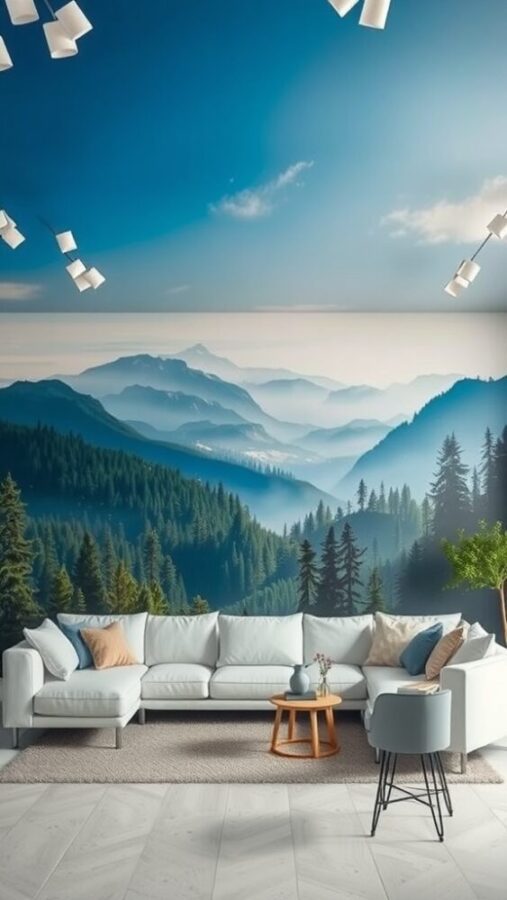 29 Elegant Wall Decor Ideas to Transform Your Space 21 A living room with a mountain mural, white couches, and a cozy atmosphere.