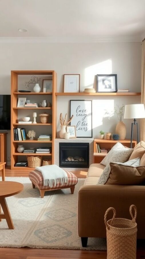 11 Chic Small Living Room Ideas in Neutral Tones 11 A cozy living room featuring open shelving, neutral decor, and warm lighting