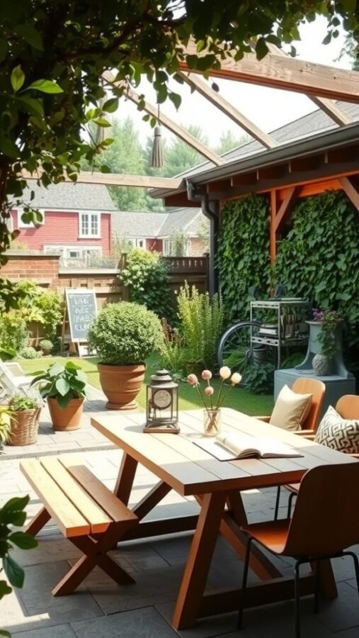 29 Unique Home Office Ideas for 2025 29 A cozy outdoor workspace featuring a wooden table and chairs surrounded by plants and greenery.