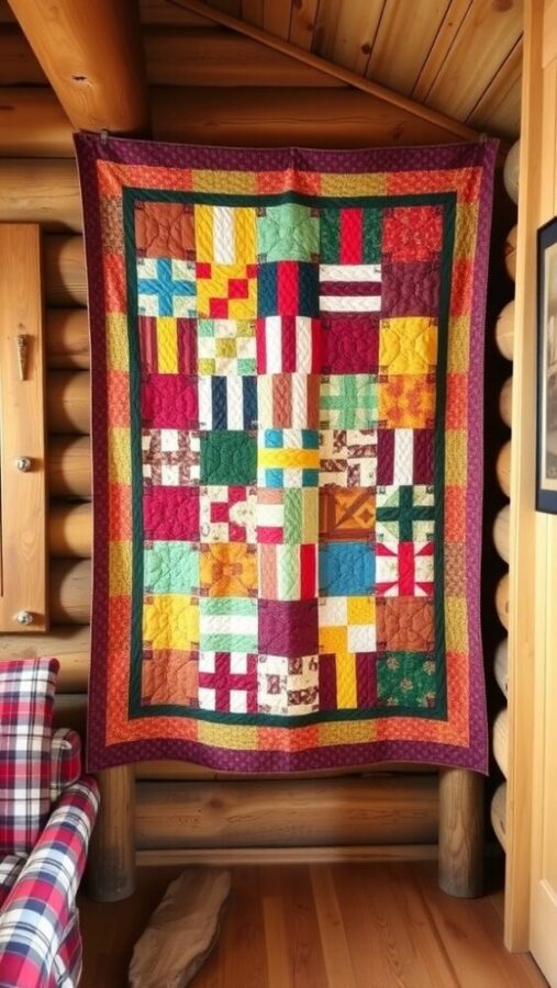 29 Elegant Wall Decor Ideas to Transform Your Space 17 A colorful patchwork quilt hanging on a log cabin wall, surrounded by wooden elements