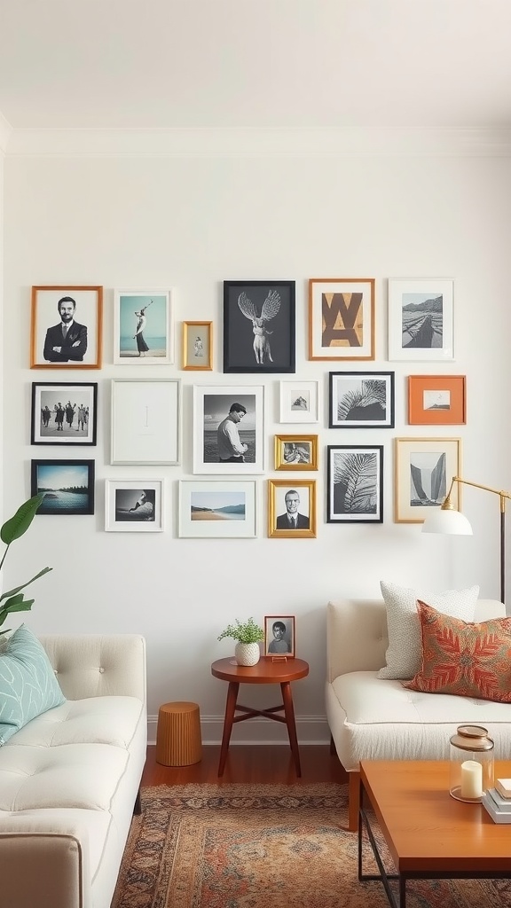 17 Stylish Small Apartment Living Room Ideas for 2025 17 A stylish living room featuring a personalized gallery wall with various framed artworks and photographs.