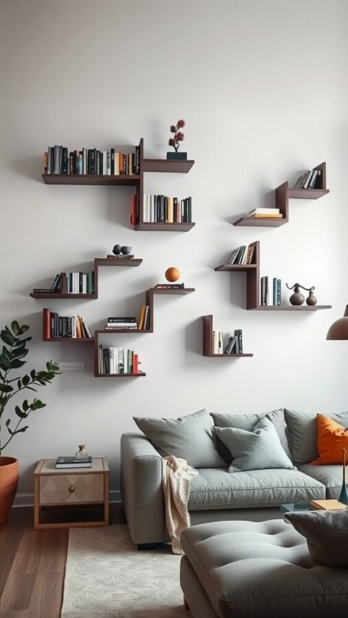29 Elegant Wall Decor Ideas to Transform Your Space 13 A modern living room featuring sculptural wall shelves displaying books and decorative items.