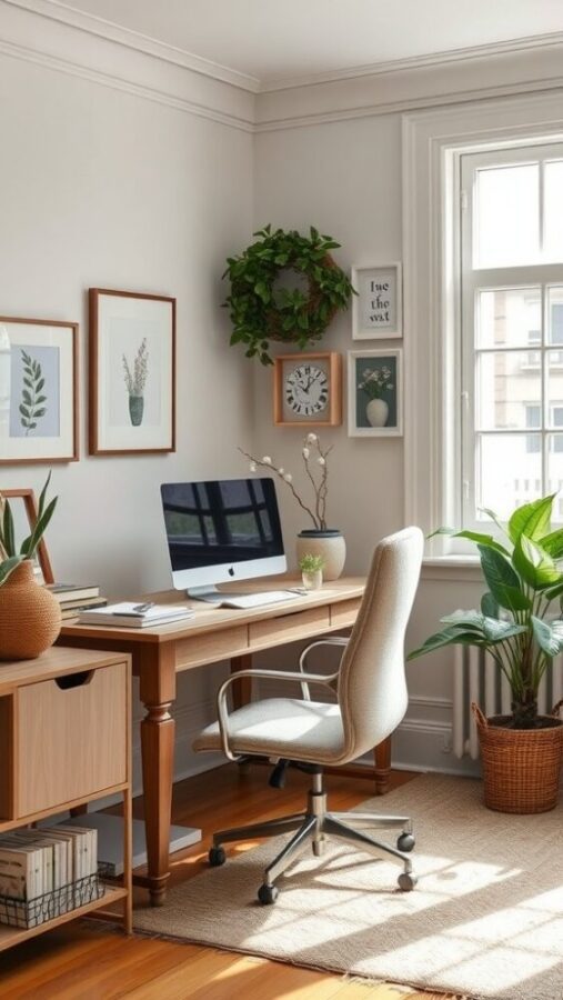 29 Unique Home Office Ideas for 2025 25 A cozy home office with a desk, chair, plants, and wall art, showcasing a warm and inviting atmosphere.