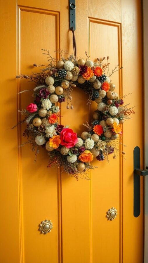 29 Elegant Wall Decor Ideas to Transform Your Space 12 A colorful seasonal wreath made of flowers, berries, and decorative elements hanging on an orange door.