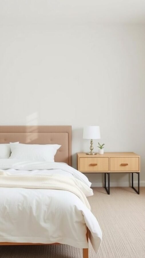 19 Stunning Minimalist Nude Color Bedroom Ideas 12 A minimalist bedroom featuring soft-toned nightstands and a cozy bed.
