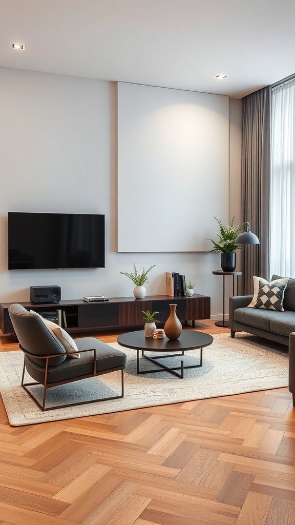 17 Stylish Small Apartment Living Room Ideas for 2025 6 A modern small apartment living room featuring smart technology integration.
