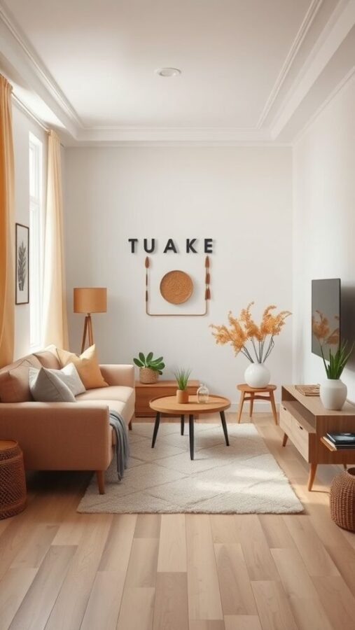 11 Chic Small Living Room Ideas in Neutral Tones 1 A cozy small living room featuring soft beige rugs and warm textiles, with plants and stylish furniture.