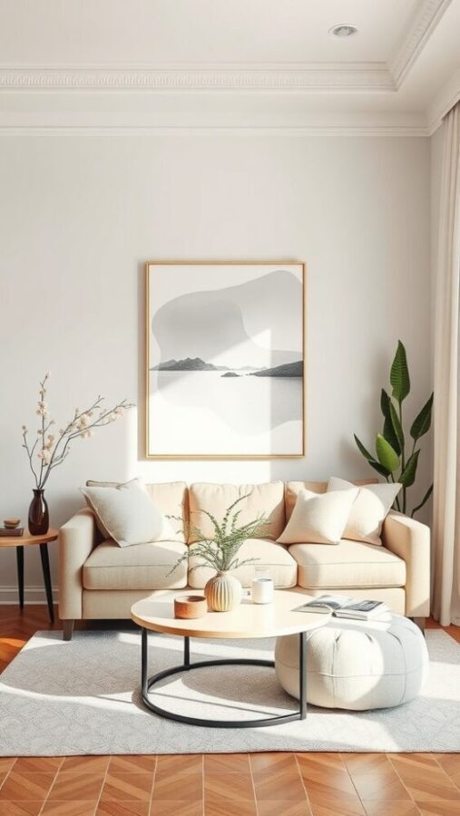 11 Chic Small Living Room Ideas in Neutral Tones 10 A cozy small living room featuring neutral tones, a light beige sofa, stylish wall art, and plants.