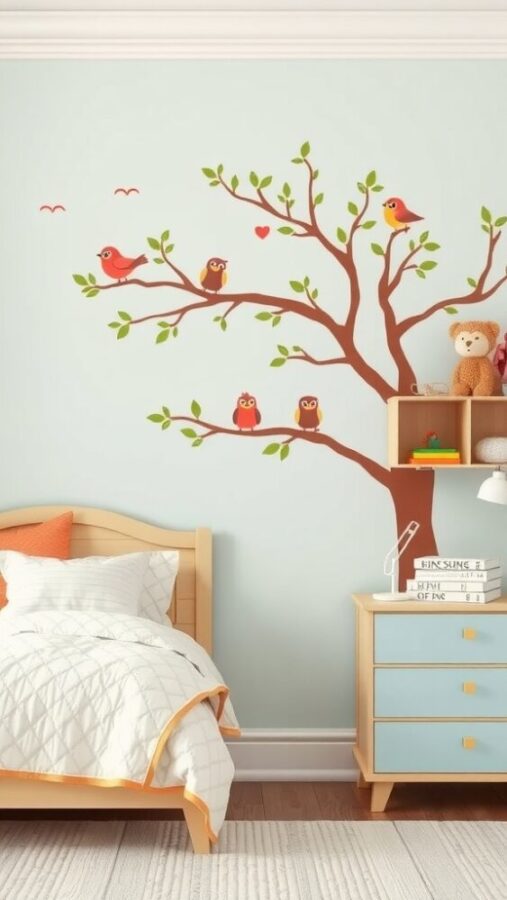 29 Elegant Wall Decor Ideas to Transform Your Space 14 Colorful wall decals of birds and a tree in a child's bedroom.