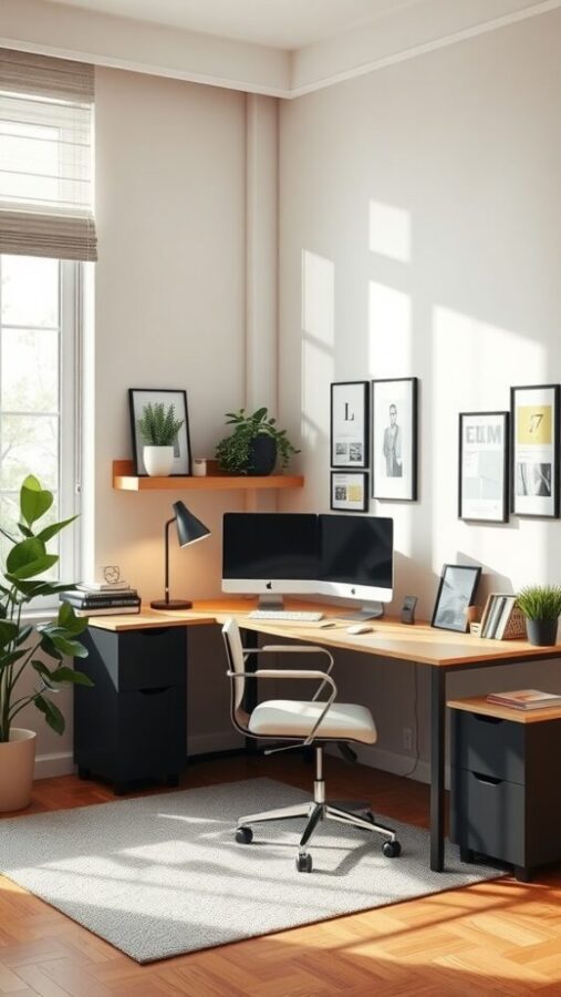 29 Unique Home Office Ideas for 2025 24 A serene home office with a tech-free zone featuring a desk, plant, and decorative items.
