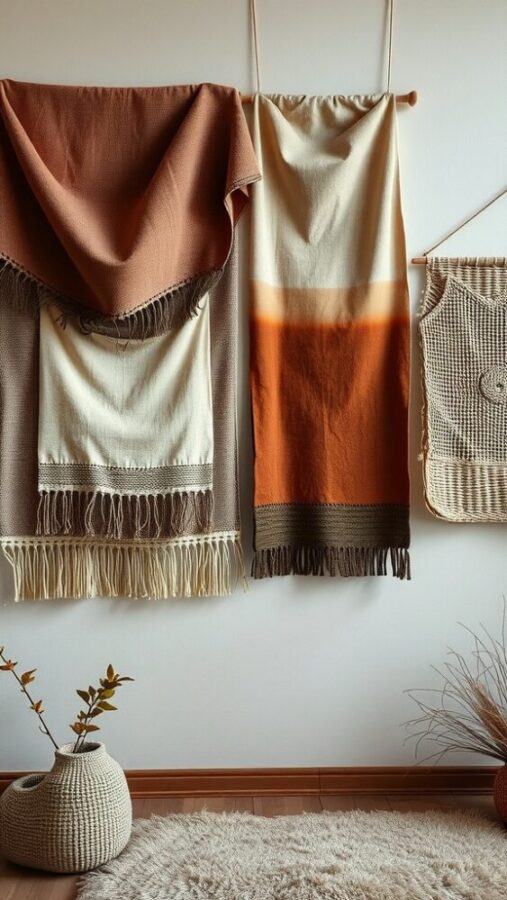 29 Elegant Wall Decor Ideas to Transform Your Space 1 A stylish display of textured fabric wall hangings in warm colors.