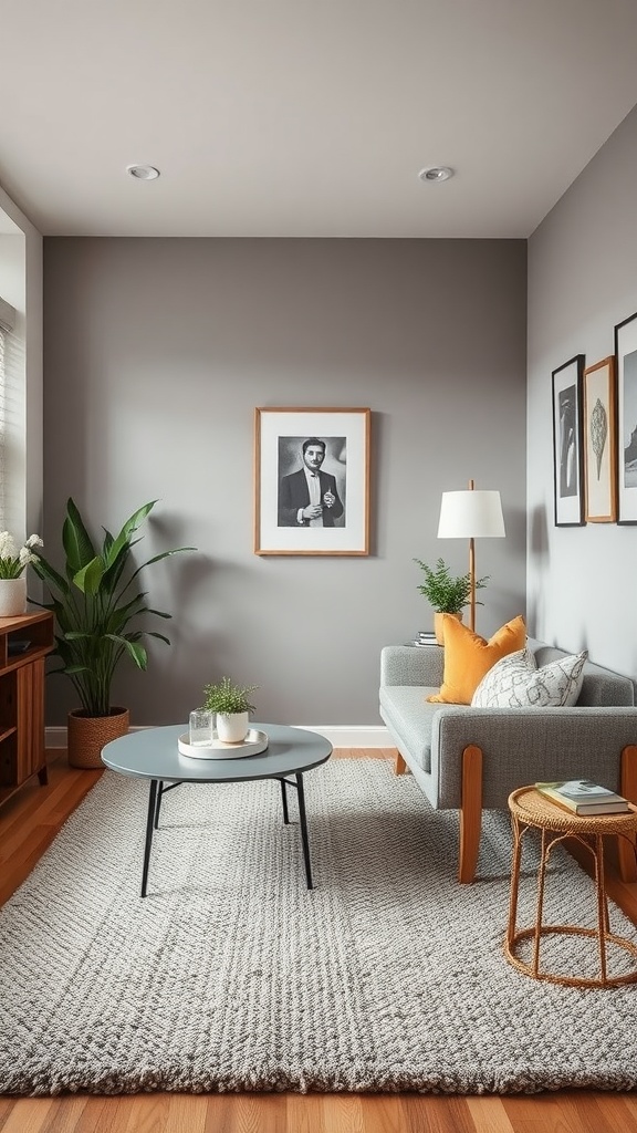 17 Stylish Small Apartment Living Room Ideas for 2025 15 A small apartment living room featuring a gray textured rug, modern couch, and stylish decor.
