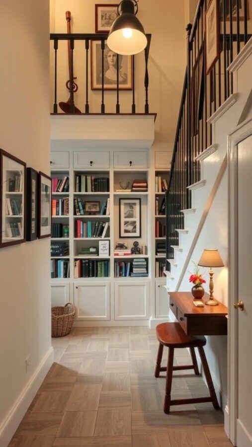 A cozy under-stair library with built-in bookshelves, a desk, and a lamp.