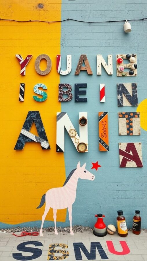 29 Elegant Wall Decor Ideas to Transform Your Space 28 Colorful upcycled art pieces forming a message on a wall, with a playful unicorn illustration