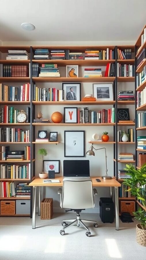29 Unique Home Office Ideas for 2025 5 A stylish home office featuring tall bookshelves filled with books and decorative items, a clean desk setup, and plants for a cozy atmosphere.