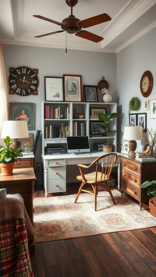 29 Unique Home Office Ideas for 2025 16 A cozy vintage home office featuring a wooden desk, retro chair, plants, and framed artwork.