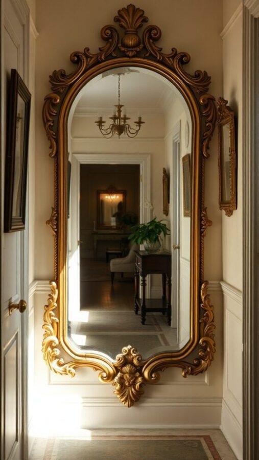 29 Elegant Wall Decor Ideas to Transform Your Space 5 An ornate vintage mirror with a golden frame reflecting a hallway