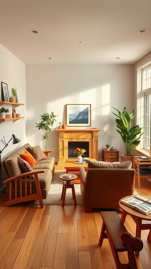 17 Stylish Small Apartment Living Room Ideas for 2025 11 Cozy living room with warm wood elements, including wooden furniture and flooring, and plants.