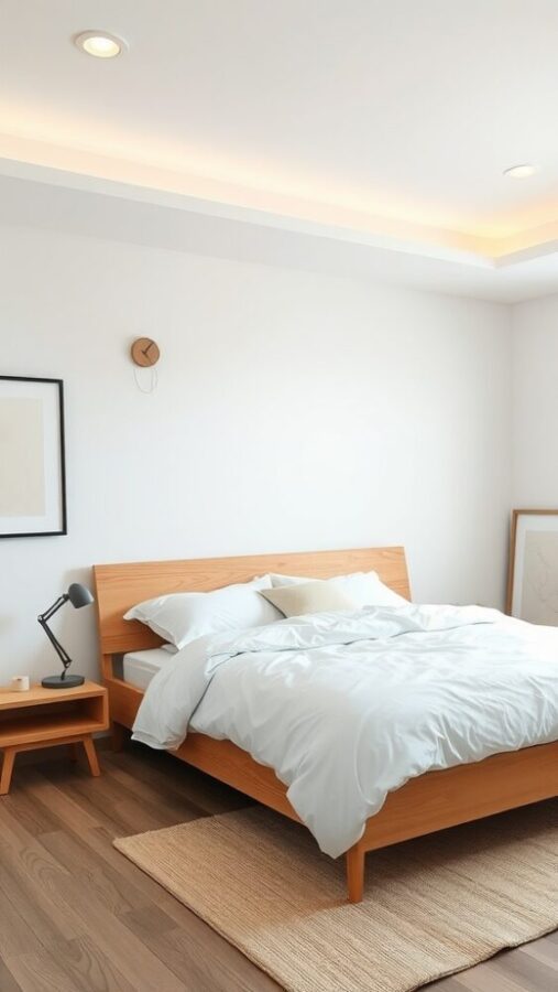 19 Stunning Minimalist Nude Color Bedroom Ideas 9 A minimalist bedroom featuring a wooden bed frame, nightstand, and neutral-toned bedding with natural lighting.