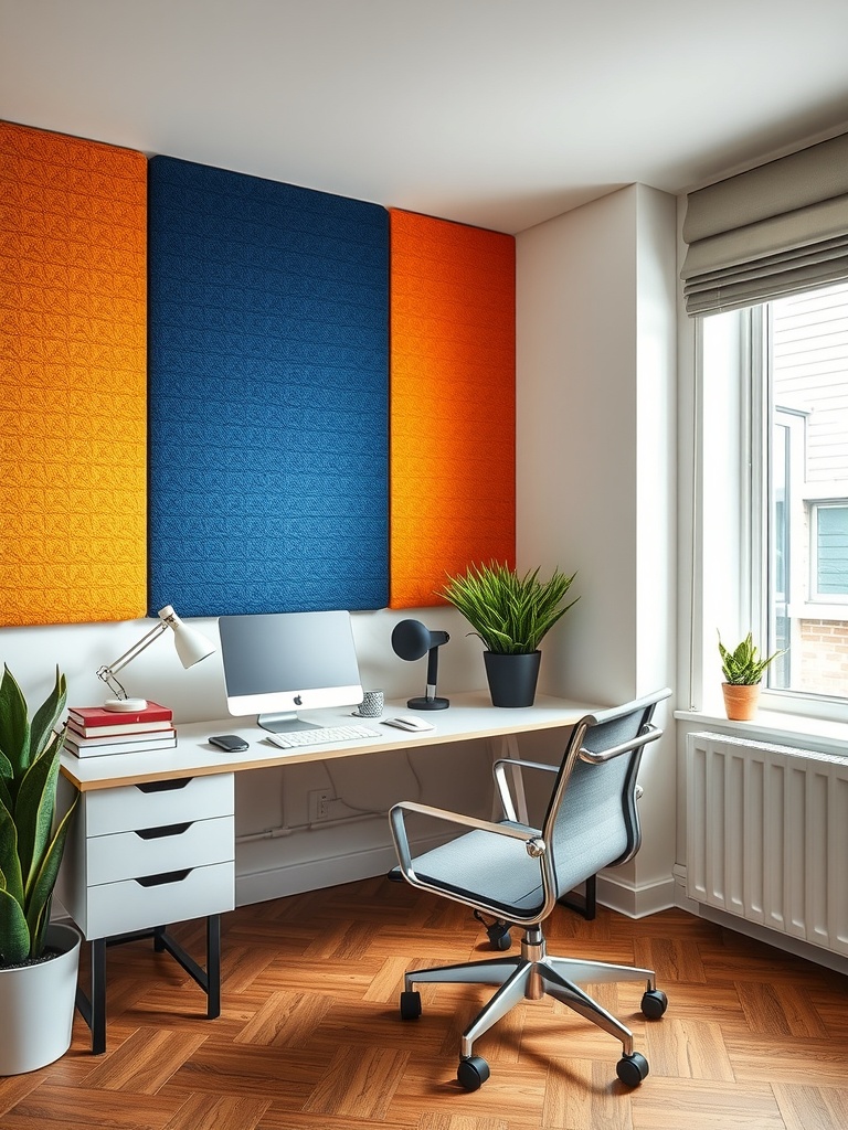 30 Inspiring Home Office Ideas for Remote Work Success 13 A modern home office with colorful acoustic panels on the wall, featuring a desk, computer, and plants.