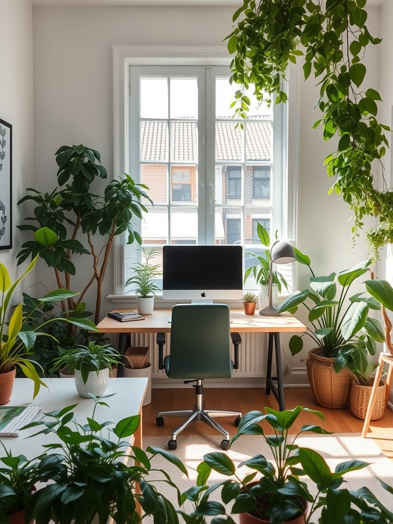 21 Creative DIY Ideas to Transform Your Home Office 12 A bright home office filled with various indoor plants, featuring a desk with a computer and a comfortable chair.
