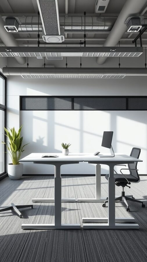 23 Creative Home Office Ideas for Shared Workspaces 3 A modern adjustable desk in a bright office space with a plant and computer.