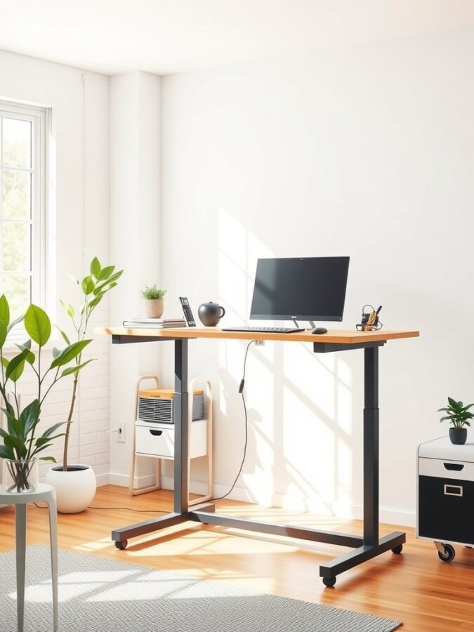 26 Cozy Home Office Ideas for Ultimate Comfort 6 A modern adjustable standing desk in a bright home office setting with plants and a computer.