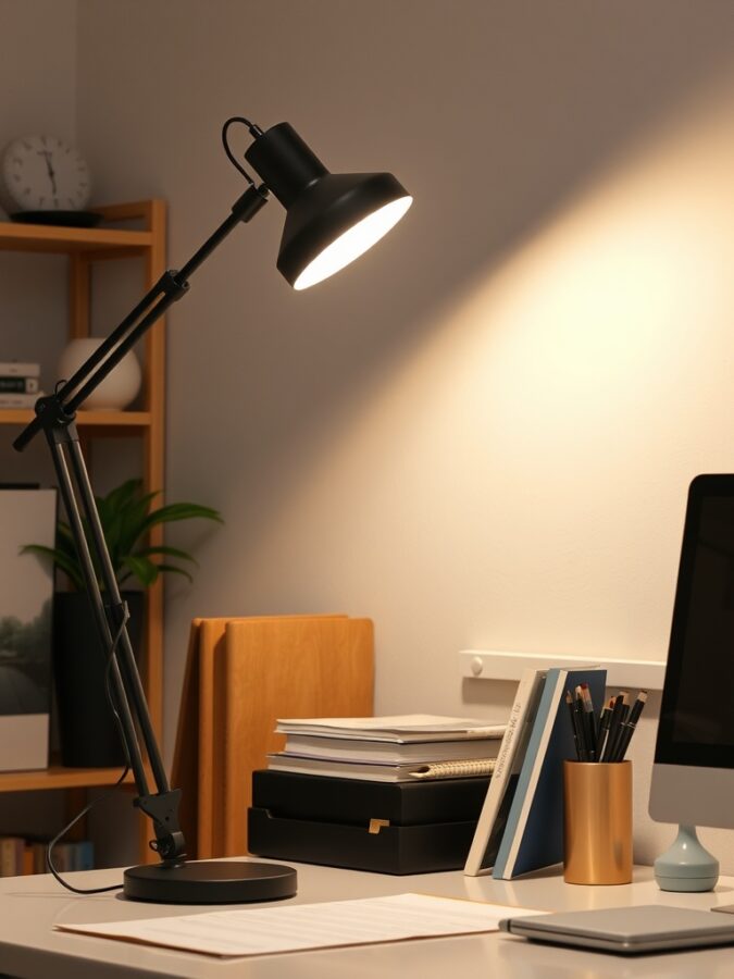 26 Cozy Home Office Ideas for Ultimate Comfort 14 A modern adjustable task lamp on a desk with books and stationery