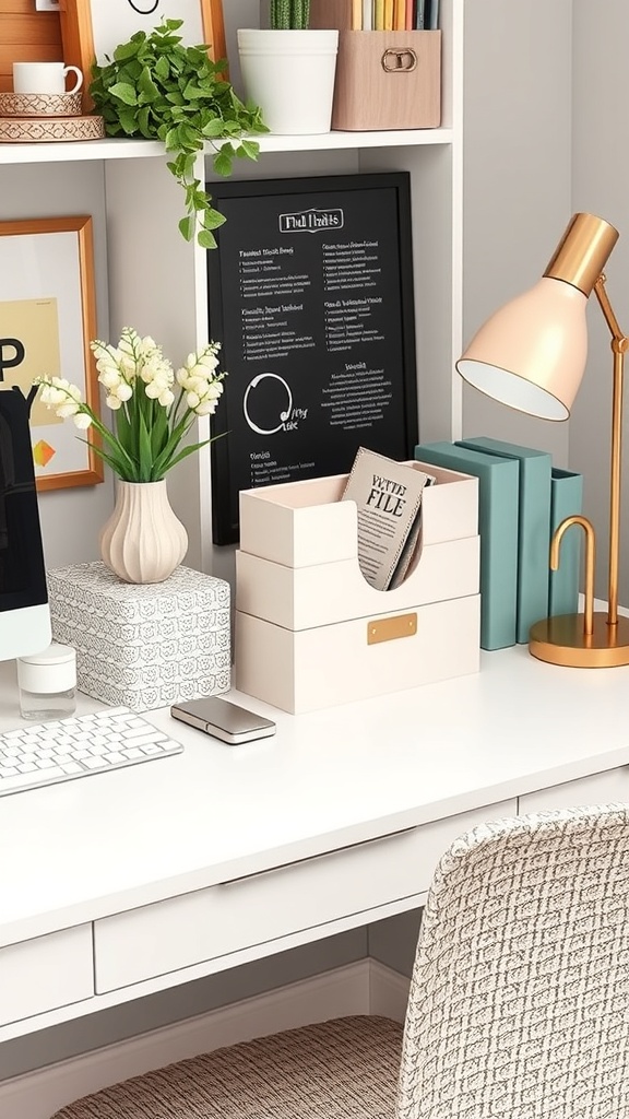 21 Creative Home Office Ideas to Boost Your Productivity 16 A well-organized home office with a desk, computer, decorative plants, and stylish storage solutions.